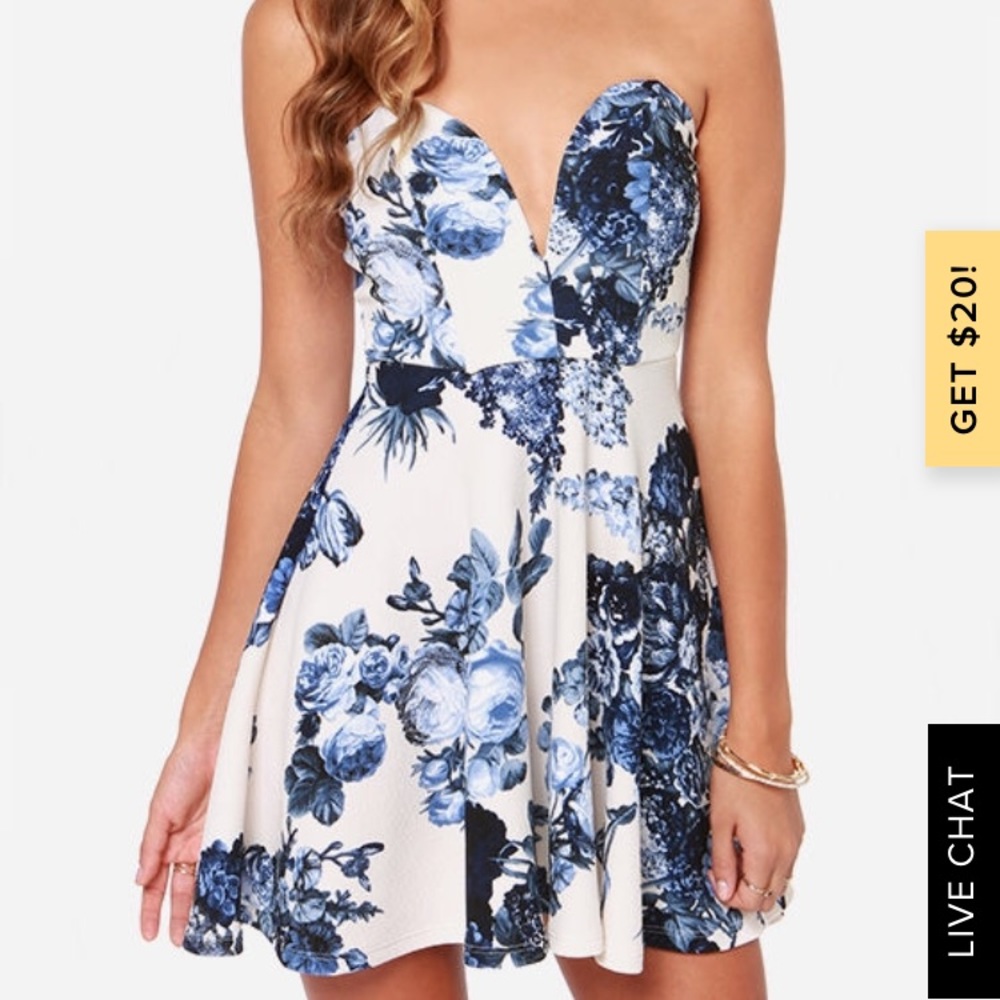 Strapless Blue and Ivory Floral Print Dress